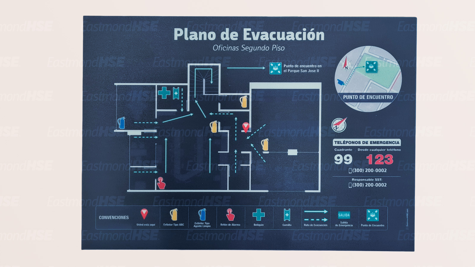 Plano de evacuacion en fondo azul